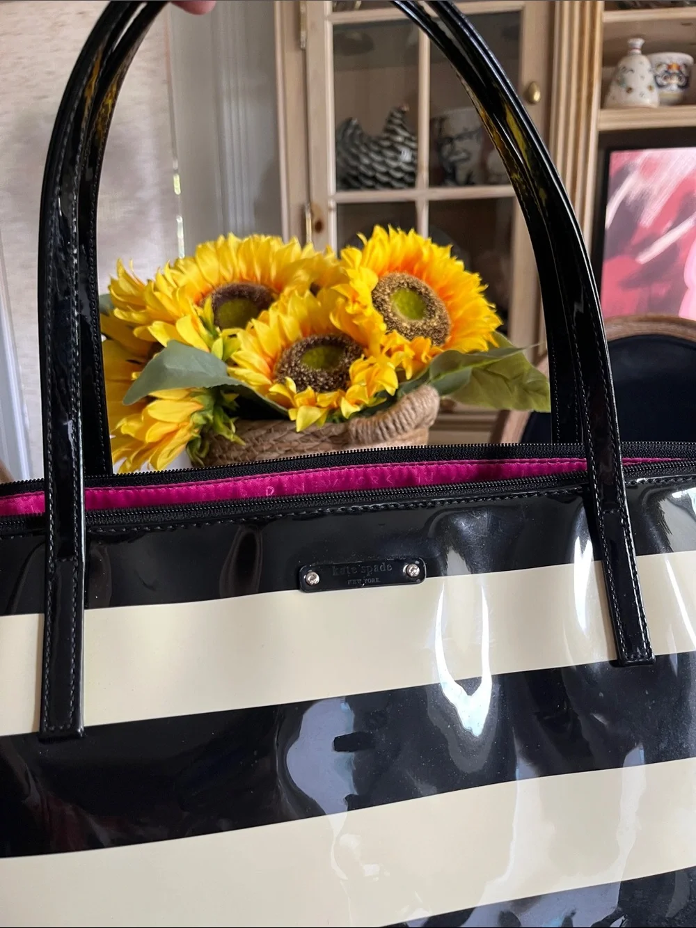 kate spade Black and Cream Striped Patent Tote Bag